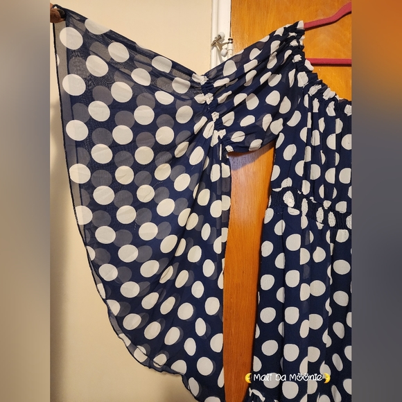 Ashley Stewart Blue Bell Sleeve Dress with White Polka Dots - 18/20 - Picture 2 of 4